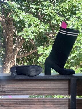Catherine Malandrino Black Knit Sock Heel Boots with Stripe Trim